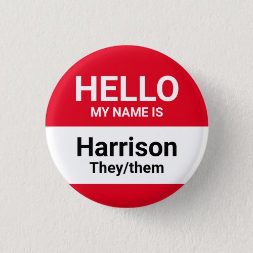 Hello my name is red custom name pronouns id badge button