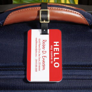 hello my name is red luggage tag