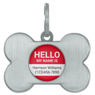 Hello my name is red white custom name contact dog pet ID tag