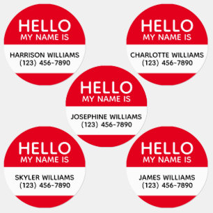 Hello my name is red white custom name contact kids' labels