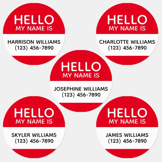 Hello my name is red white custom name contact kids' labels (Group)