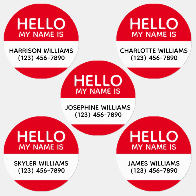 Hello my name is red white custom name contact kids' labels | Zazzle