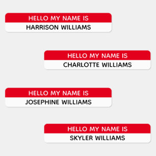 Hello my name is red & white custom name id badge kids' labels