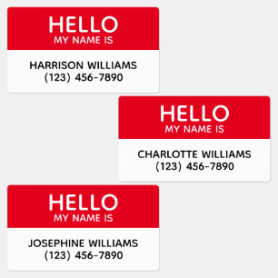 Hello my name is red & white custom name id badge kids' labels