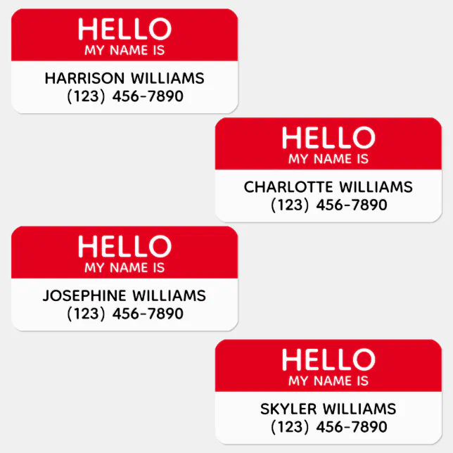Hello my name is red white custom name id badge kids' labels | Zazzle