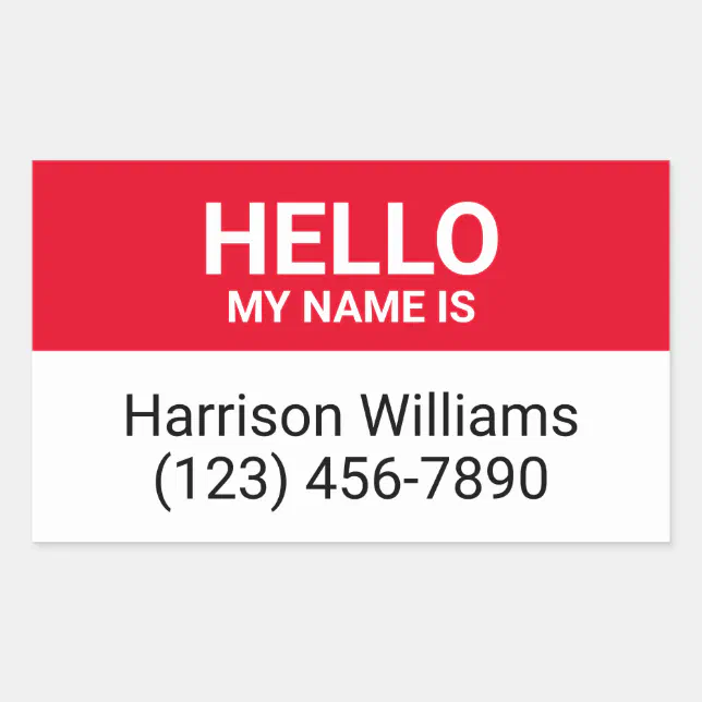 Hello my name is red & white custom name id badge rectangular sticker ...