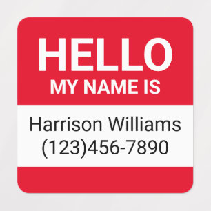 Hello my name is red white custom name id tag kids' labels