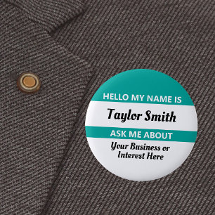 Hello name tag Ask Me About with name and info Button
