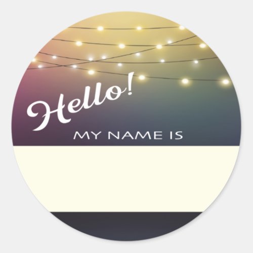 Hello name tag with party string lights