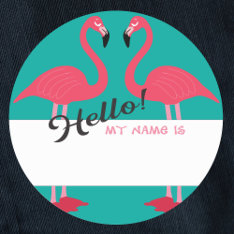 Hello Name Tag With Pink Flamingo And Teal at Zazzle