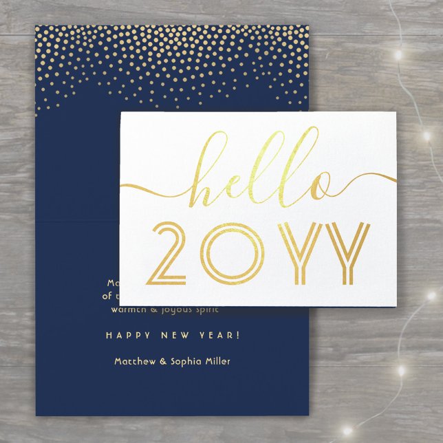 Hello Navy Blue & Gold Confetti Happy New Year Foil Card (Creator Uploaded)