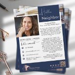 Hello Neighbor Real Estate Introduction Flyer<br><div class="desc">Elegant Navy Blue Rose Gold Introduction for real estate listing agent,  realtor and vacation rental Business. The design features a heartwarming house Logo line in minimalist style. There is ample space for social media handles and contact details and your specialties.</div>