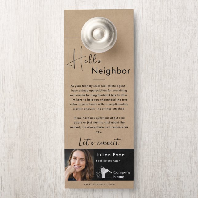 Hello Neighbor Rustic Brown Real Estate Farming  Door Hanger (On Knob)