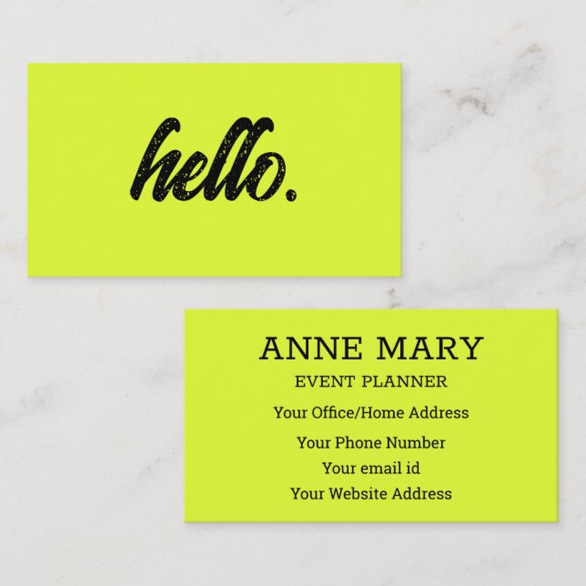 Hello Neon Chartreuse Yellow Typography Modern Business Card (Front/Back)