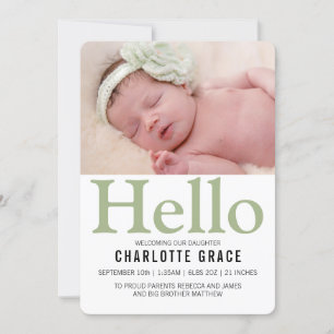 Hello New Baby Green Personalized Announcement