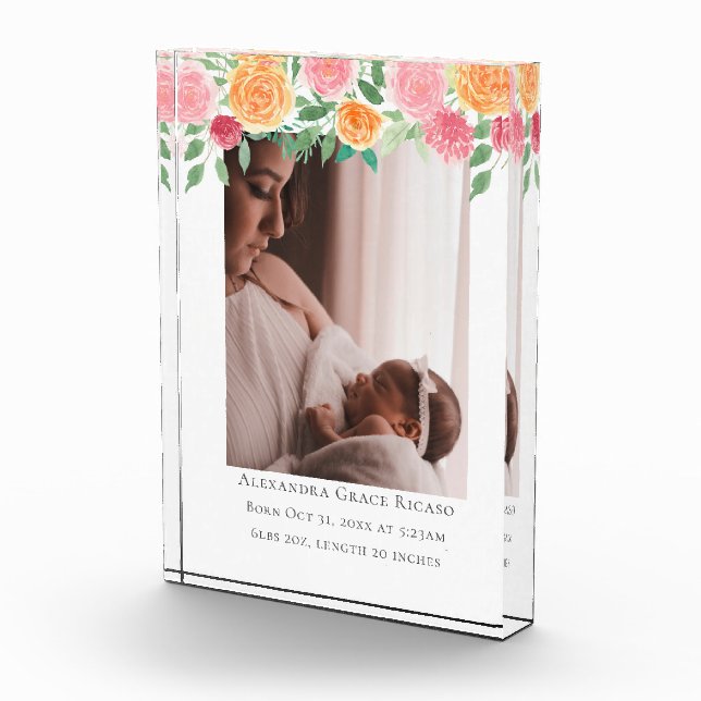 Hello New Baby Photo Personalized Pink Flowers Block (Right)
