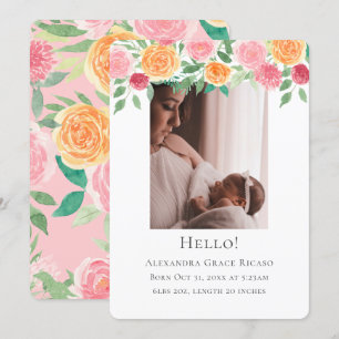 Hello New Baby Photo Personalized Pink Flowers Invitation