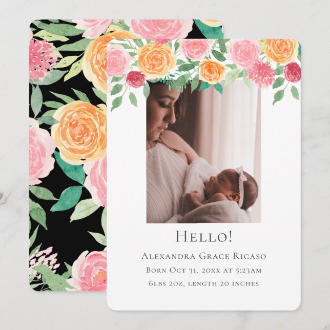 Hello New Baby Photo Personalized Pink Flowers Invitation (Front/Back)