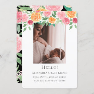 Hello New Baby Photo Personalized Pink Flowers Invitation
