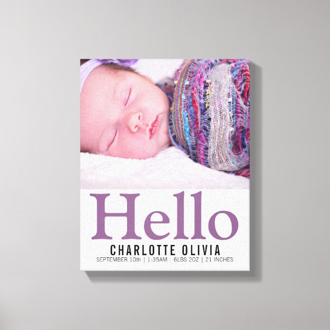 Hello New Baby Purple Themed Personalized keepsake Canvas Print (Front)