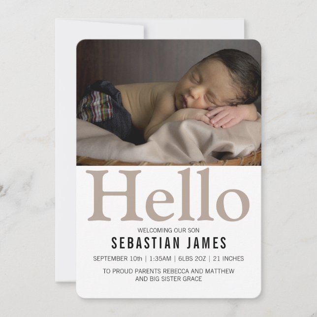 Hello New Baby Taupe Personalized Announcement (Front)