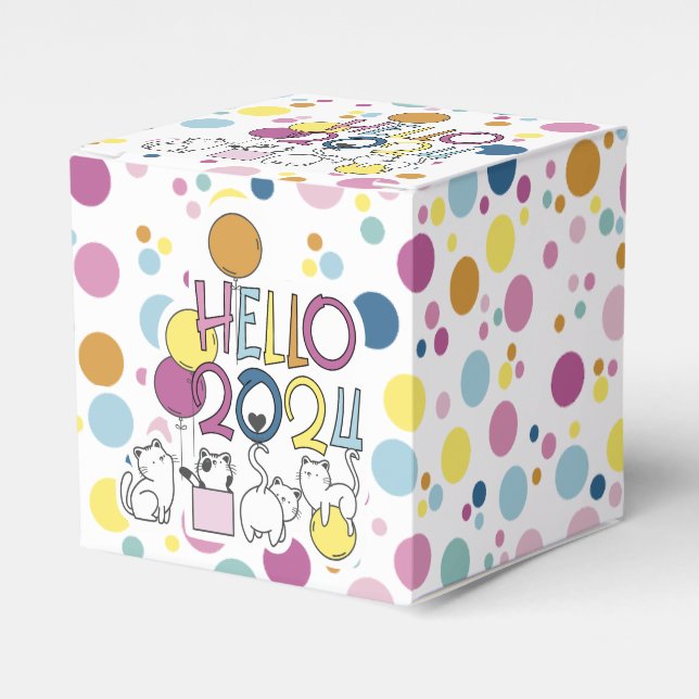Hello New Year 2024 With Playing Cats Favor Boxes (Front Side)