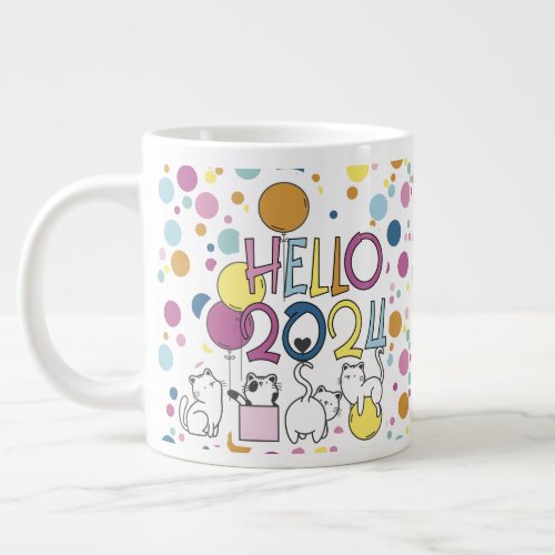 Hello New Year 2024 With Playing Cats Giant Coffee Mug