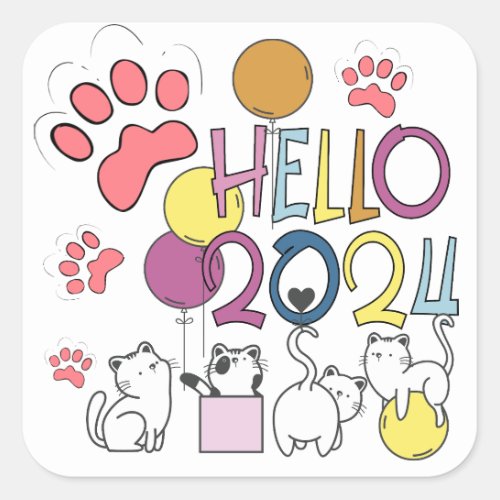 Hello New Year 2024 With Playing Cats Square Sticker