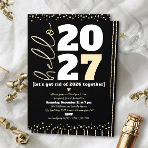 Hello New Year Black Gold Modern Custom Add Year Invitation