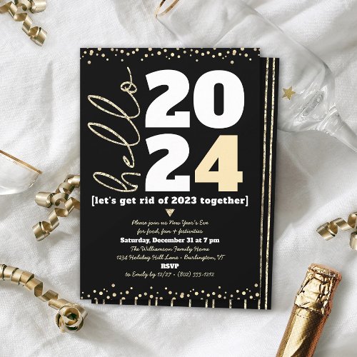 Hello New Year Black Gold Modern Custom Add Year  Invitation