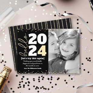 Hello New Year Black Gold Modern Custom Year Photo Holiday Card