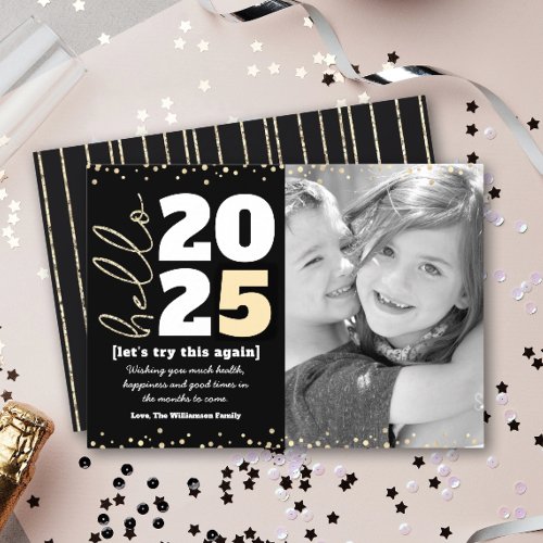 Hello New Year Black Gold Modern Custom Year Photo Holiday Card