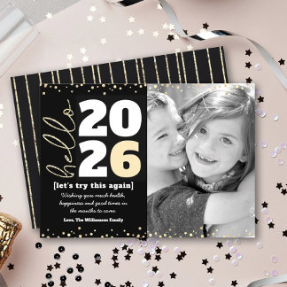 Hello New Year Black Gold Modern Custom Year Photo Holiday Card
