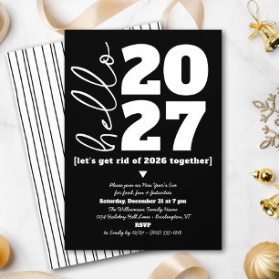 Hello New Year Black White Modern Custom Add Year  Invitation