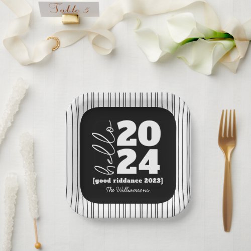 Hello New Year Bold Black White Custom Year Name Paper Plates