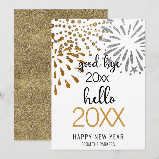 Hello New Year Festive Fireworks Gold Glitter Chic Holiday Card (Front/Back)