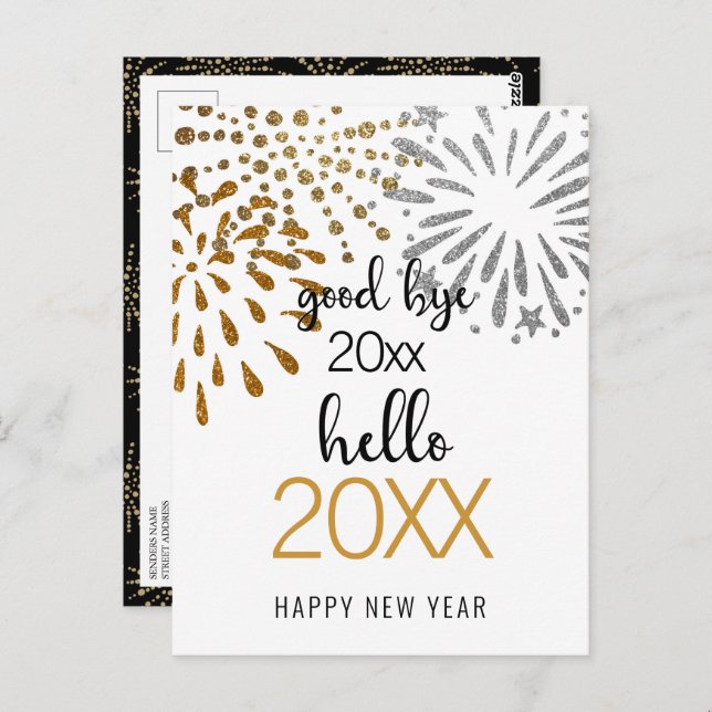 Hello New Year Festive Fireworks Gold Glitter Chic Postcard (Front/Back)