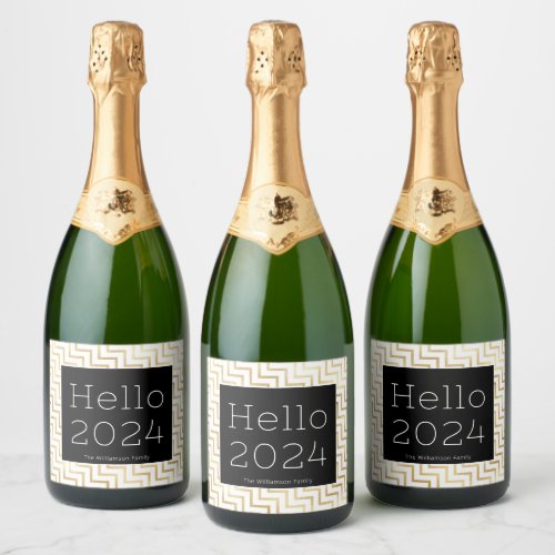 Hello New Year Gold Chevron Modern  Sparkling Wine Label