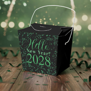 Hello New Year! New Year's Eve Green Black Sparkle Favor Boxes