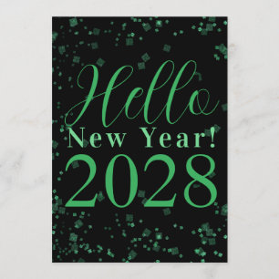 Hello New Year! New Year's Eve Green Black Sparkle Invitation