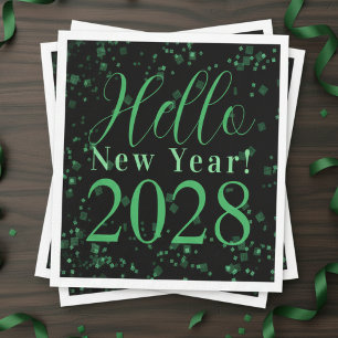 Hello New Year! New Year's Eve Green Black Sparkle Napkins