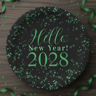 Hello New Year! New Year's Eve Green Black Sparkle Paper Plates