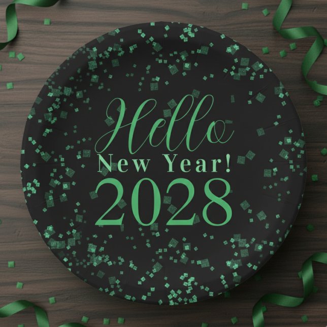 Hello New Year! New Year's Eve Green Black Sparkle Paper Plates (Creator Uploaded)
