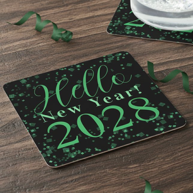 Hello New Year! New Year's Eve Green Black Sparkle Square Paper Coaster (Creator Uploaded)