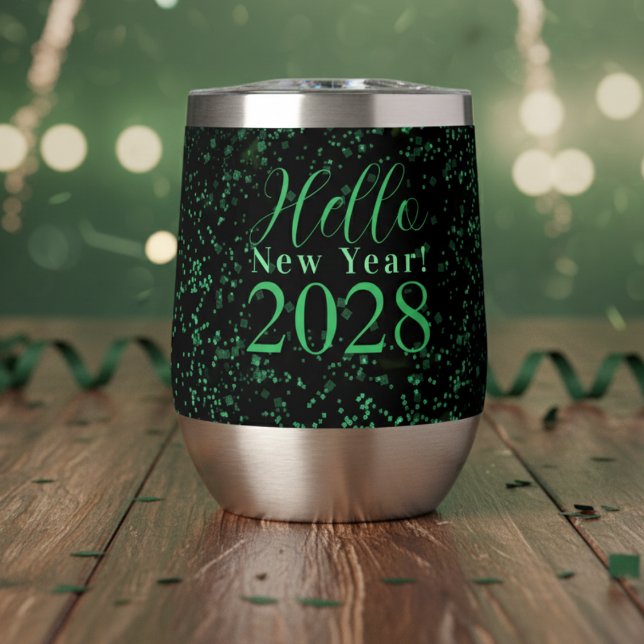 Hello New Year! New Year's Eve Green Black Sparkle Thermal Wine Tumbler (Creator Uploaded)