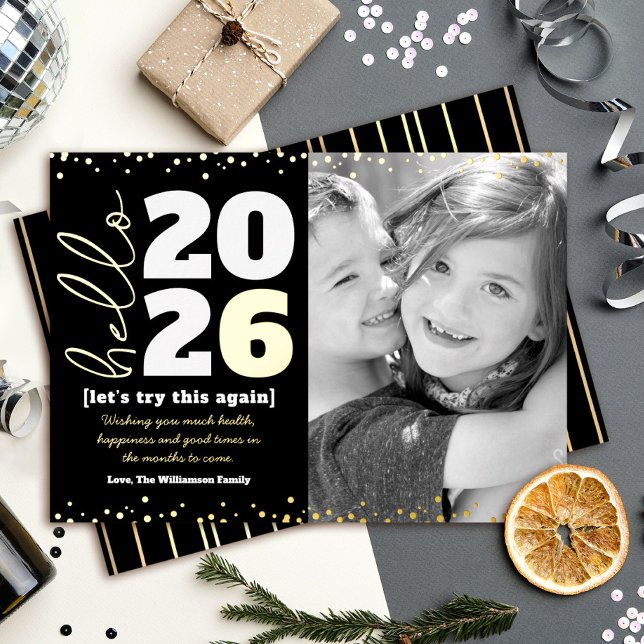 Hello New Year Photo Bold Type Black Real Gold Foil Holiday Card (Creator Uploaded)