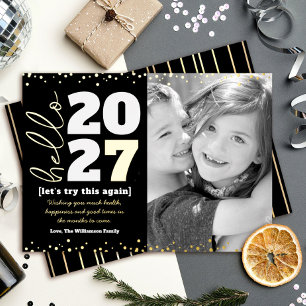 Hello New Year Photo Bold Type Black Real Gold Foil Holiday Card