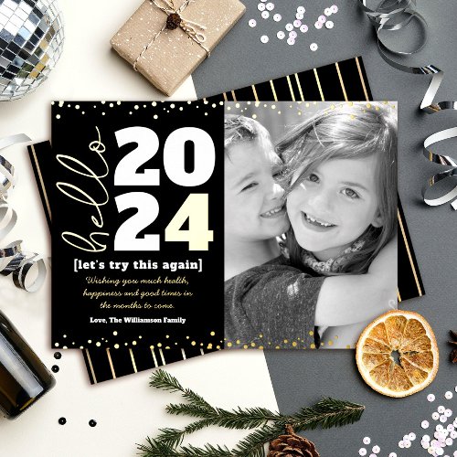 Hello New Year Photo Bold Type Black Real Gold Foil Holiday Card