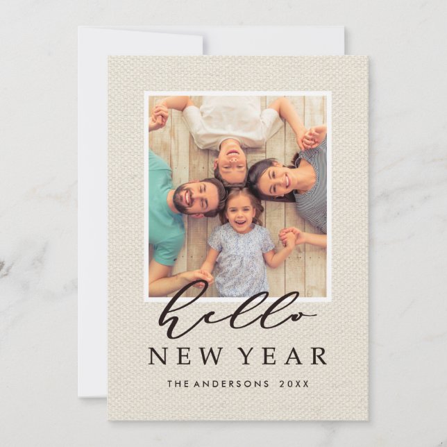 Hello New Year Rustic Faux Burlap Texture Photo Holiday Card (Front)