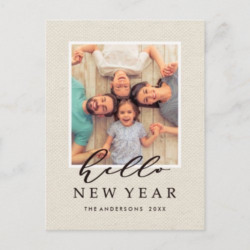 Hello New Year Rustic Faux Burlap Texture Photo Holiday Postcard